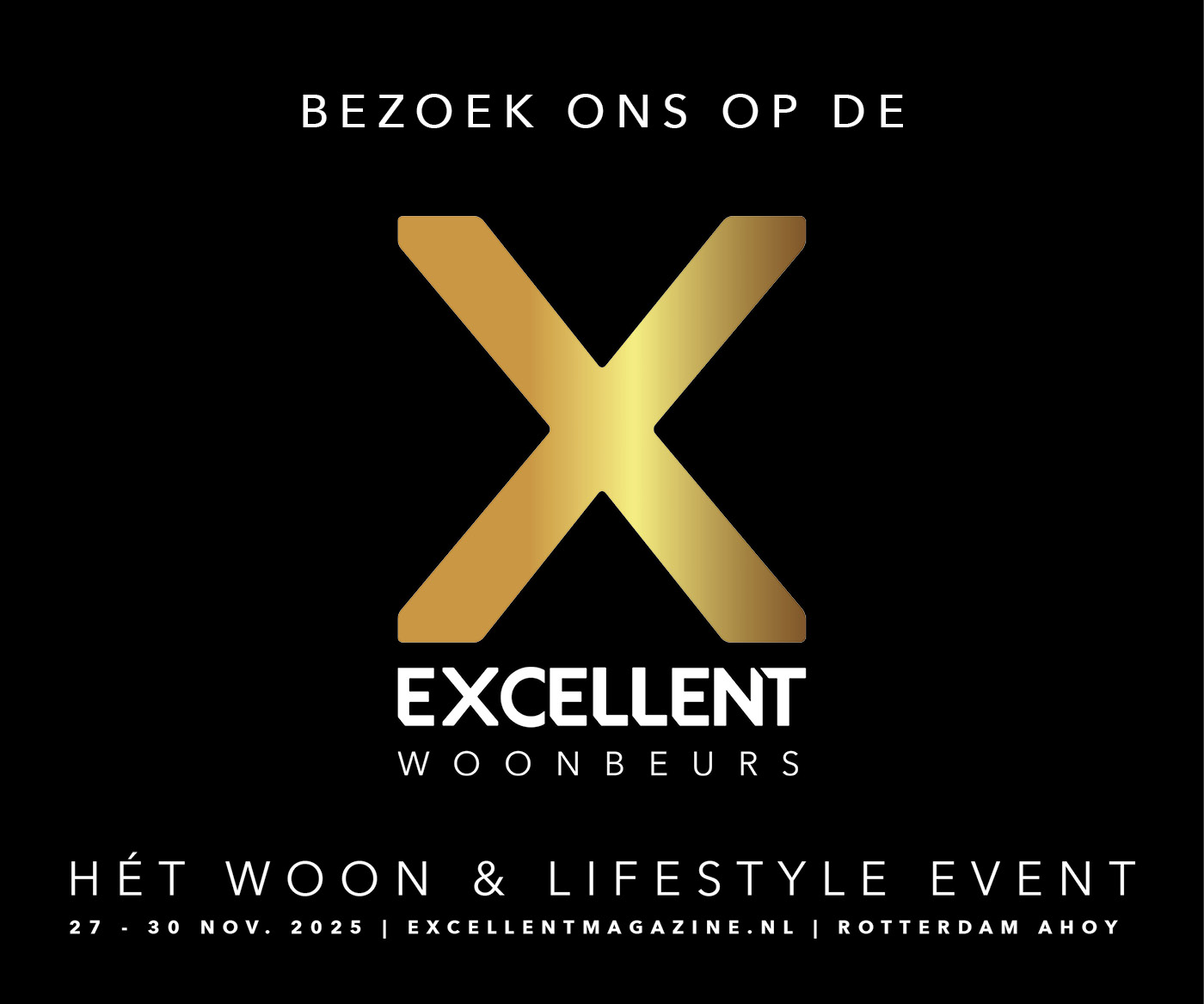 Gouden X-beeldmerk van de EXCELLENT Woonbeurs op zwarte achtergrond
